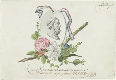Vignet met bloemen, portretmedaillon en lint