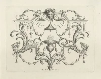Vignet met brandende lamp en mannelijk mascaron