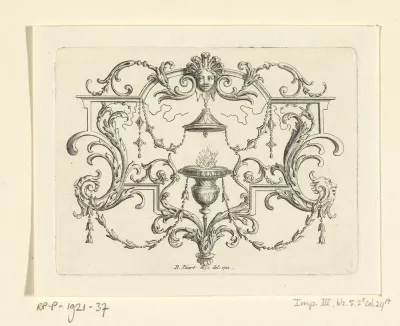 Vignet met brandende lamp en vrouwelijk mascaron