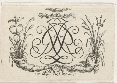 Vignet met caduceus en drietand