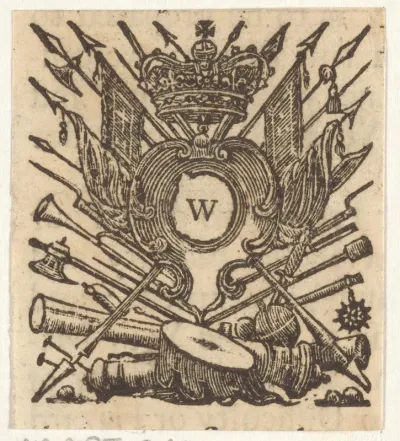 Vignet met de letter W met een kroon en wapentuig
