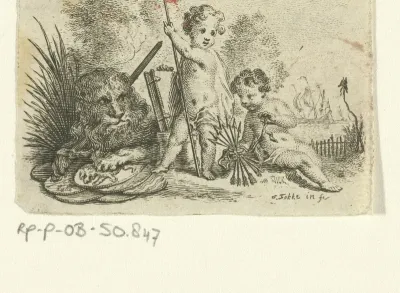 Vignet met de Nederlandse leeuw en twee putti