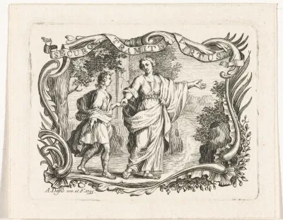 Vignet met deugd die weg leidt voor jongeman, in cartouche