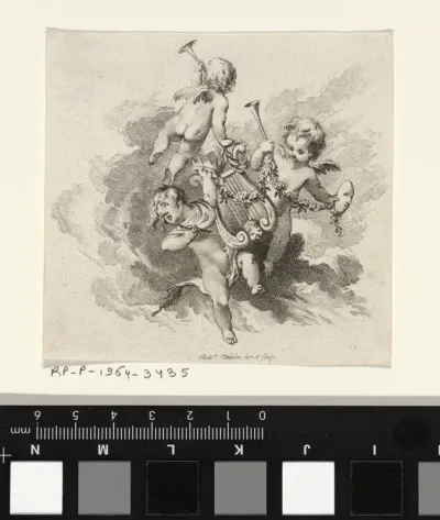 Vignet met drie putti met bazuinen en een harp