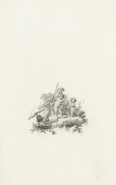 Vignet met drie putti met speer, juk en schep
