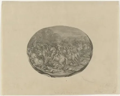 Vignet met een afbeelding van de slag bij Kalisch (29-10-1706), afkomstig uit het portret van Frederik Augustus II, hertog van Saksen en koning van Polen