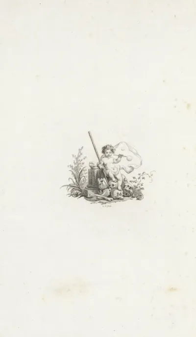 Vignet met een bellenblazende putto op een berg van schedels