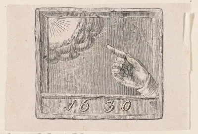 Vignet met een gedenksteen met daarop een hand die naar de zon wijst en het jaartal '1630'