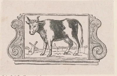 Vignet met een koe in een landschap met een molen