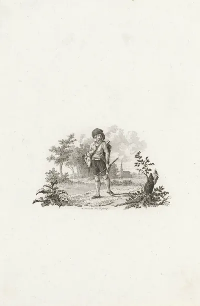 Vignet met een marskramer op een landweg