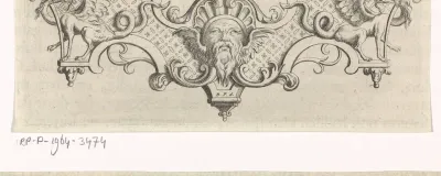 Vignet met een mascaron, rolwerk en hybride wezens
