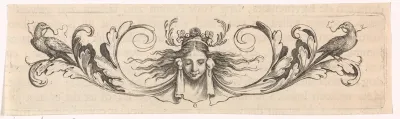 Vignet met een mascaron, twee vogels en bladranken