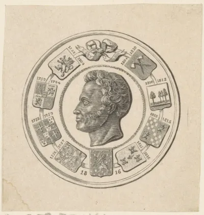 Vignet met een portret van Willem I Frederik, koning der Nederlanden, in een cirkel met negen wapens