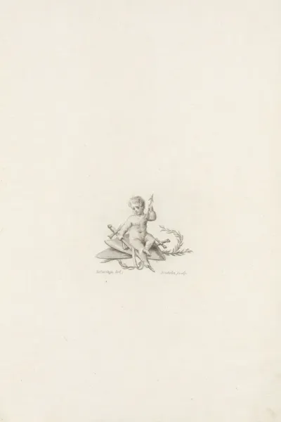 Vignet met een putto die op twee schilden zit