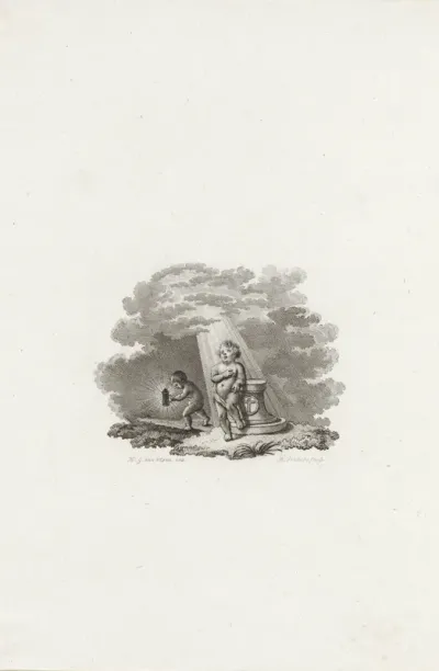 Vignet met een putto in het licht en een putto met een lantaarn in het donker