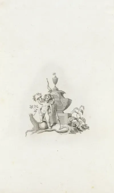 Vignet met een putto met symbolen van overwinning