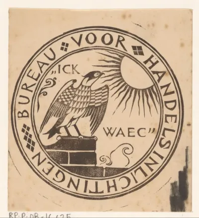 Vignet met een roofvogel die naar de zon staart