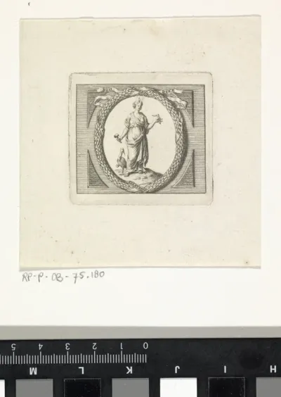 Vignet met een vrouw met de attributen van waakzaamheid, arbeid,  vermogen en kunst
