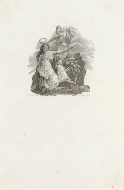 Vignet met een vrouw met lans gekroond met lauwerkrans