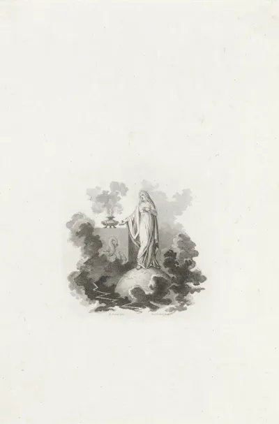 Vignet met een vrouw op een bol in de wolken bij een wierookvat