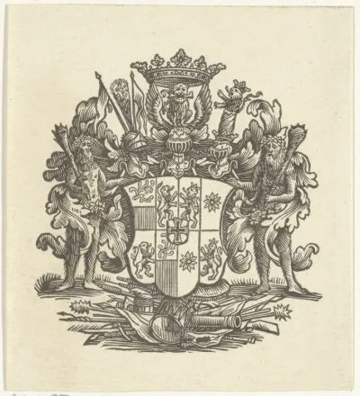 Vignet met een wapenschild, een kroon, wapentuig en twee wildemannen met knotsen