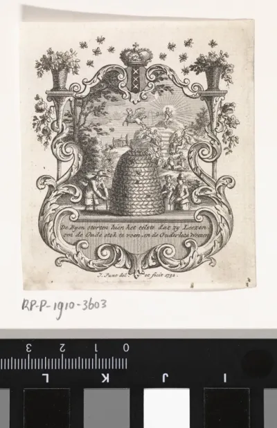Vignet met figuren bij een bijenkorf