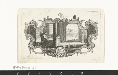 Vignet met geleerde in bibliotheek in cartouche