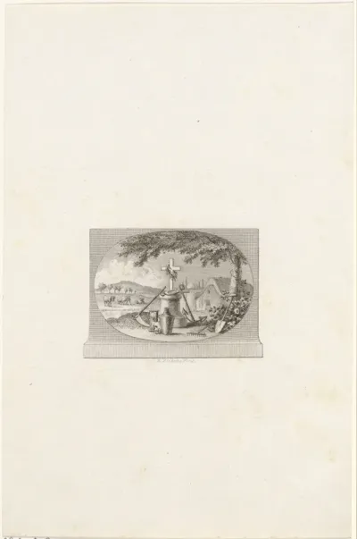 Vignet met grafmonument in een landschap