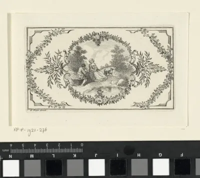 Vignet met jongen die voor een dame fluitspeelt in landschap
