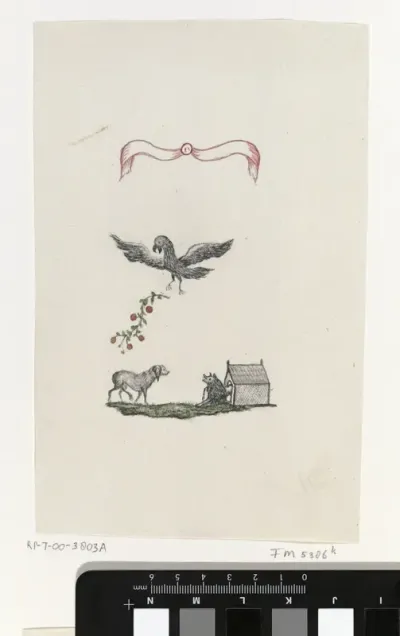 Vignet met keeshond en roze strik, 1795