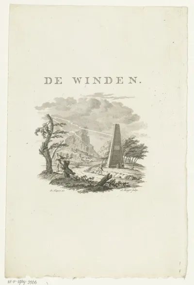 Vignet met landschap en figuren die gebukt gaan onder wind