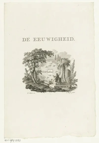 Vignet met landschap en figuur die knielt voor visioen van Hemelse Jeruzalem