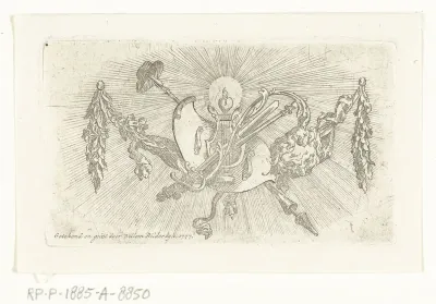 Vignet met lier, brandend hart, schild, vrijheidshoed en zon