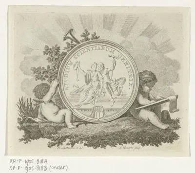 Vignet met medaille met Rechtvaardigheid en Toezicht en inscriptie Studium scientiarum genitrix