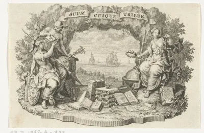 Vignet met Mercurius, Minerva en Rechtvaardigheid