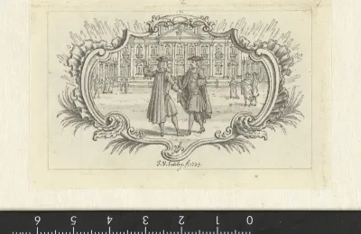Vignet met personen op een plein voor een gebouw