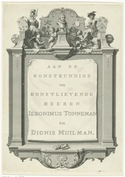 Vignet met portretbuste en symbolen van de kunsten