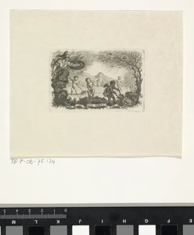 Vignet met putti aan het werk op een akker