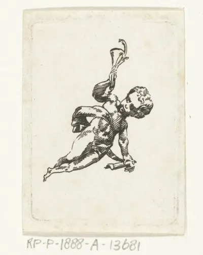 Vignet met putto met trompet en palmtak