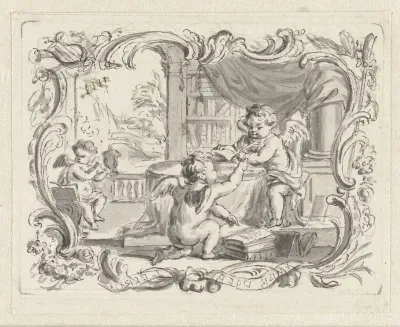 Vignet met putto, schrijvend in studeervertrek