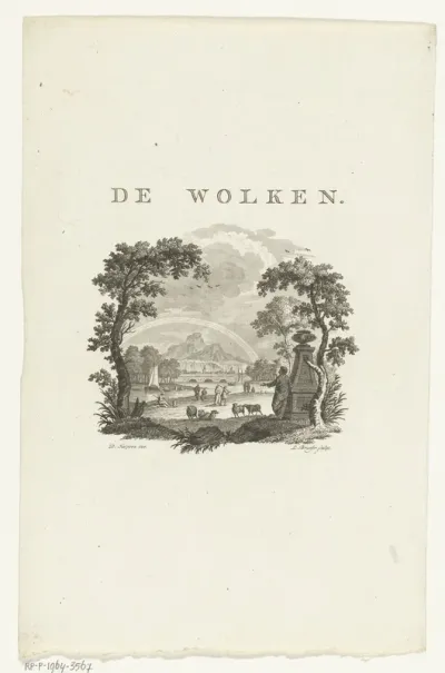 Vignet met rivierlandschap en regenboog in wolken