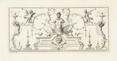 Vignet met trofeeën, hermen en bladranken