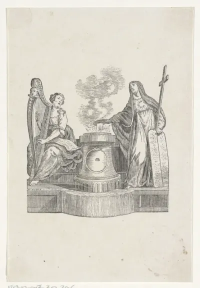 Vignet met twee allegorische figuren bij een monument