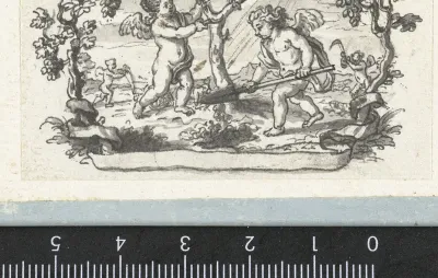 Vignet met twee putti die een boom planten