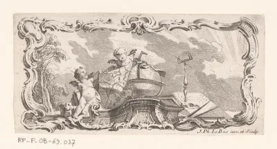 Vignet met twee putti met landkaart, globe en meetinstrumenten