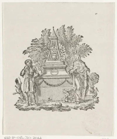 Vignet met twee treurende figuren bij een monument