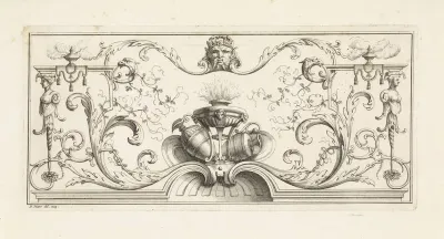 Vignet met vaatwerk, een mascaron, bladranken en bloemen
