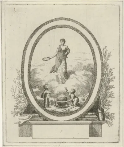 Vignet met vrouw met lauwerkrans