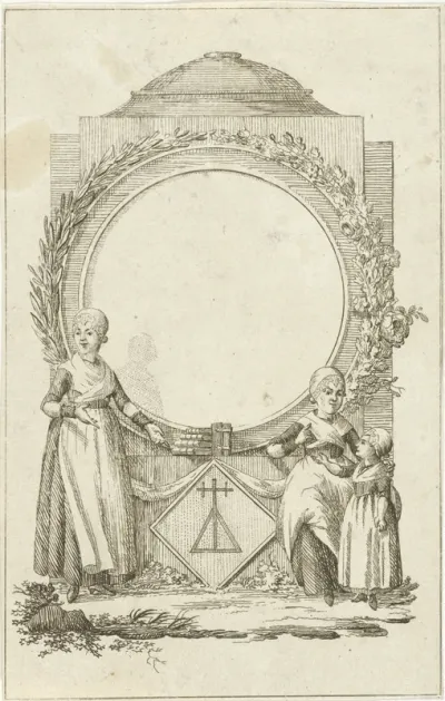 Vignet met vrouwen en meisje bij medaillon