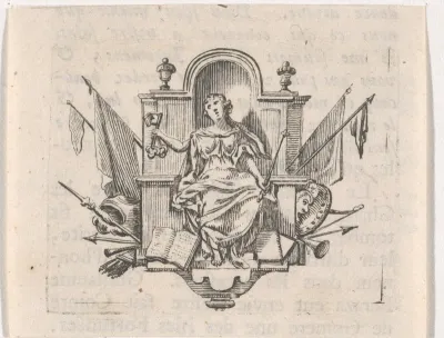 Vignet met zittende vrouw met sleutels, scepter, boek en wapenrusting